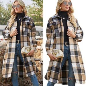 PLAID DUSTER LONG JACKET JACKET PLAID BLACK TAN CREAM XS